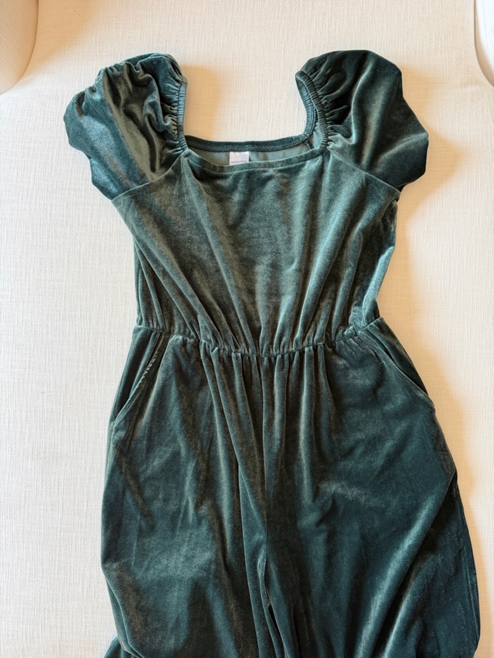 Velvet Puff Sleeve Jumpsuit in Deep Green.